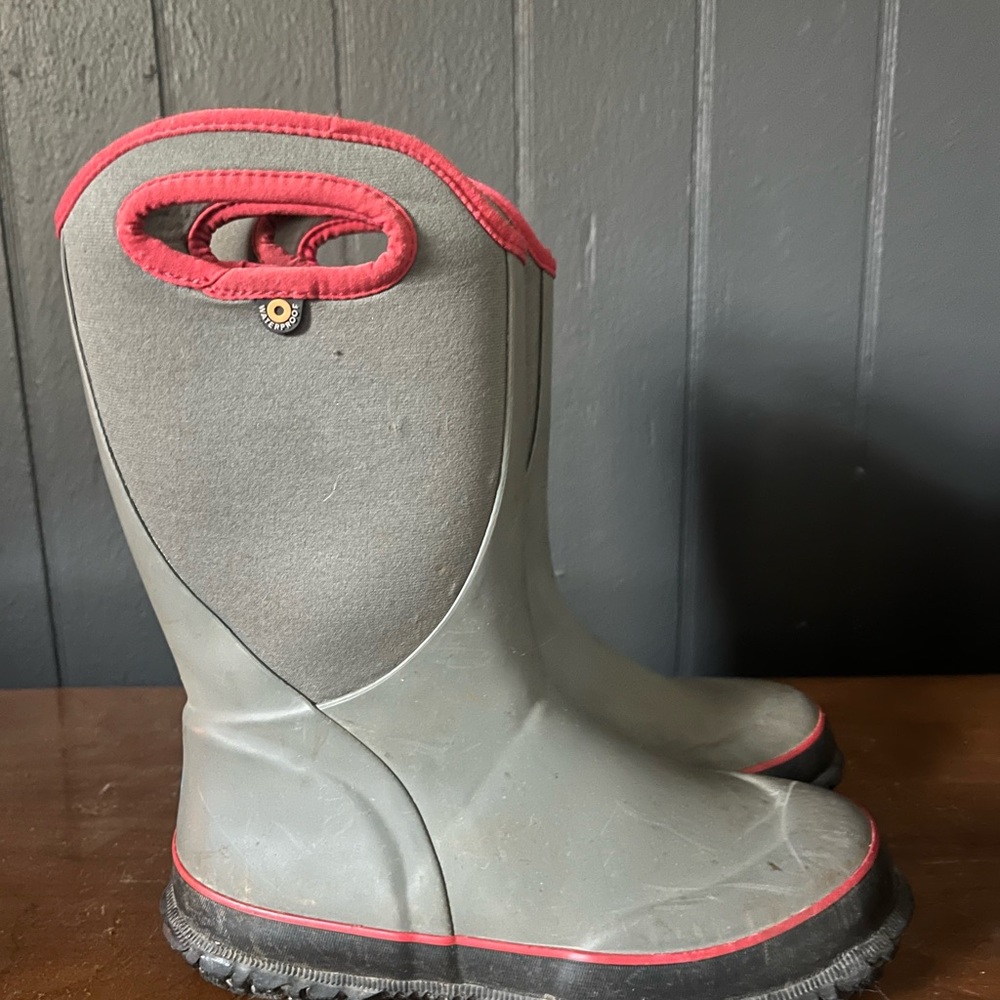 Gray and Red Rain Boots